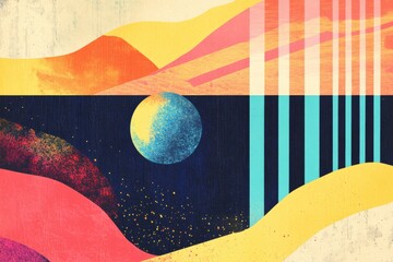 Aufkleber - Retro risograph artwork showcasing abstract landscapes and celestial elements in vibrant colors and textures. Generative AI