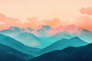 Poster - Stunning retro risograph style mountain landscape at sunset with vibrant colors and soft clouds. Generative AI