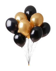 Glossy black and gold helium balloons tied together, festive party decorations, elegant birthday celebration, shiny metallic balloons, luxury event decor isolated on transparent background