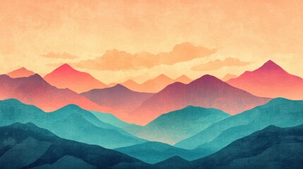 Aufkleber - Colorful retro risograph landscape with layered mountains under a pastel sky at sunset. Generative AI