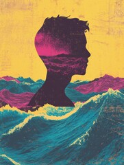 Aufkleber - Exploring the depths of creativity with vibrant waves and silhouette in retro risograph style. Generative AI