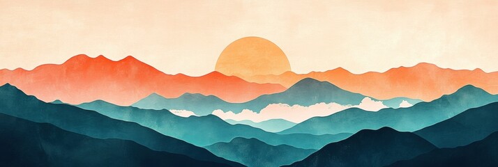 Leinwandbilder - Retro risograph style artwork depicting mountains at sunset with warm colors creating a serene landscape view. Generative AI