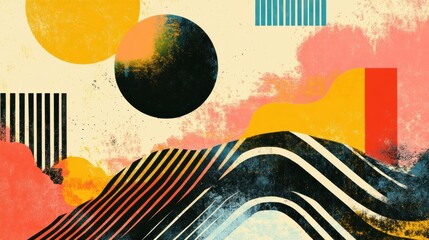 Poster - Colorful retro risograph style artwork featuring abstract shapes and landscapes with vibrant hues and textures. Generative AI