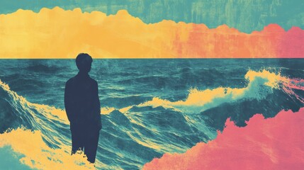 Poster - Lone figure contemplates the vast ocean at sunset with retro risograph style artwork. Generative AI