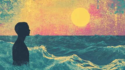 Poster - Silhouette of a person gazing at a vivid sunset over a turbulent ocean in a retro risograph style artwork. Generative AI
