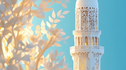 Canvas Print - Minaret: A tall minaret with intricate cut-out details. paper cut Art Style 3d background 