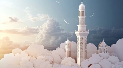 Canvas Print - Minaret: A tall minaret with intricate cut-out details. paper cut Art Style 3d background 