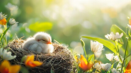 Wall Mural - Adorable baby chick resting in a nest surrounded by blooming spring flowers