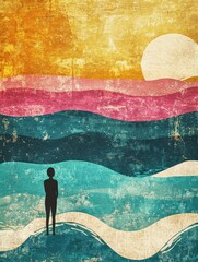 Fototapete - Colorful sunset over waves with a silhouette by the shore in retro risograph style. Generative AI