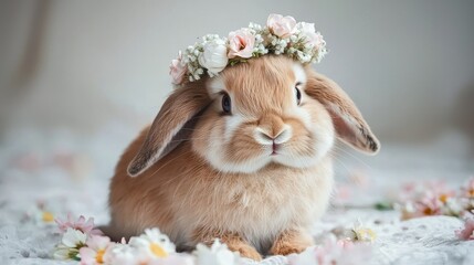 Wall Mural - Adorable bunny wearing a flower crown sitting in a blooming spring meadow