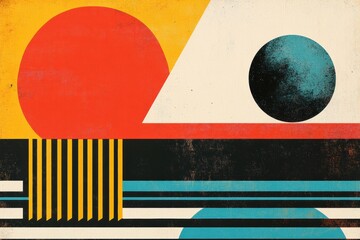 Fototapete - Retro risograph style artwork featuring geometric shapes and bold colors in a balanced composition. Generative AI