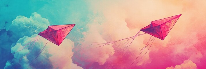 Poster - Colorful kites soaring through a dreamy sky during a vibrant sunset in retro risograph style. Generative AI