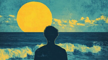 Poster - Retro risograph style illustration of a person facing a large sun over the ocean at dusk. Generative AI