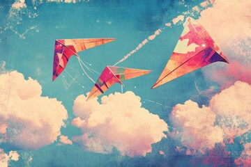 Aufkleber - Kites soaring in a vibrant sky with retro risograph style graphics during a sunny afternoon. Generative AI
