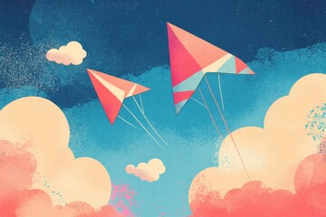 Poster - Colorful kites soaring in a bright blue sky with fluffy clouds, depicting a nostalgic retro risograph artwork. Generative AI