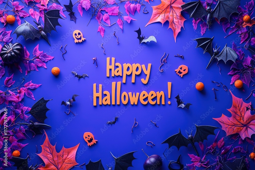 Bright orange letters spell out Happy Halloween surrounded by black bats, colorful leaves, and small pumpkins. This festive display captures the spirit of the holiday with vibrant colors.