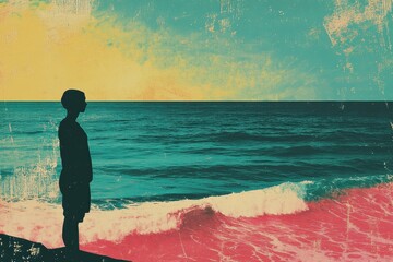 Fototapete - Coastal contemplation at sunset with a retro risograph style aesthetic. Generative AI