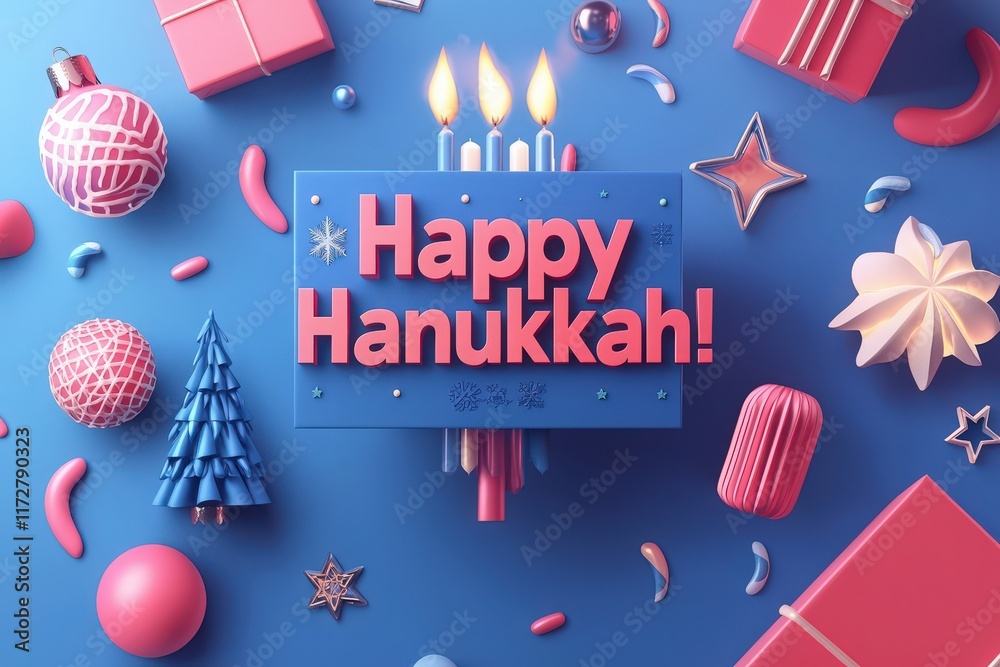 Colorful decorations for Hanukkah featuring lit candles, festive gifts, and playful shapes on a bright blue surface. The cheerful elements create a joyful atmosphere for the holiday.