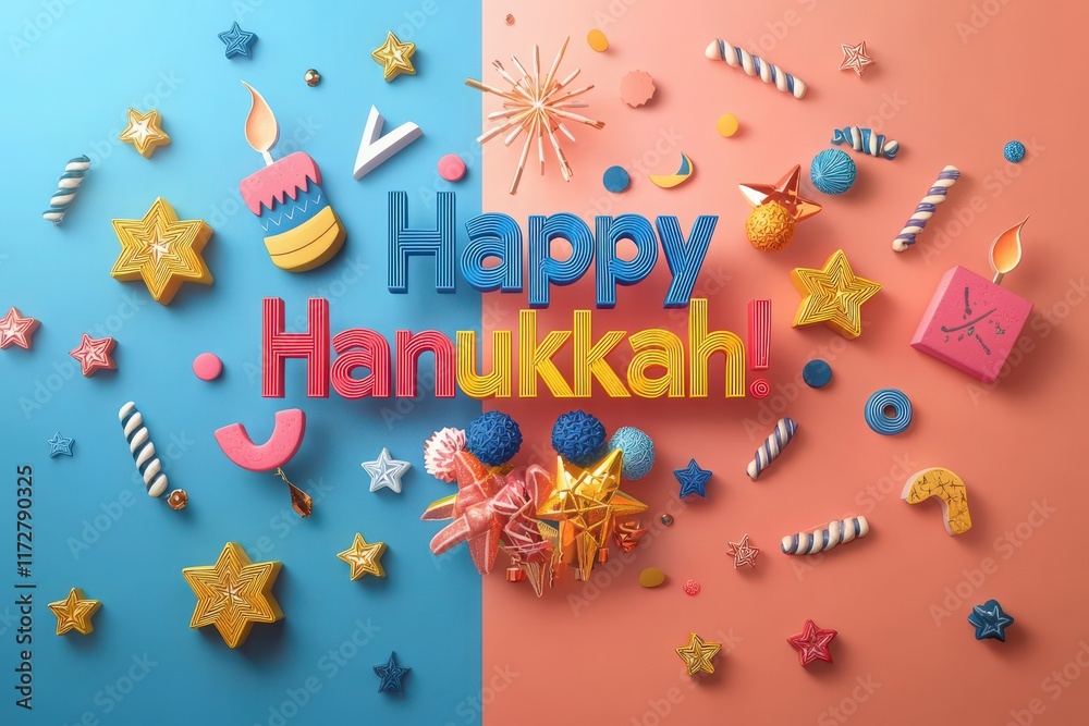 Vibrant decorations for Hanukkah are arranged in a playful manner, featuring stars, candles, and festive items on a split pastel background, capturing the spirit of togetherness and joy.
