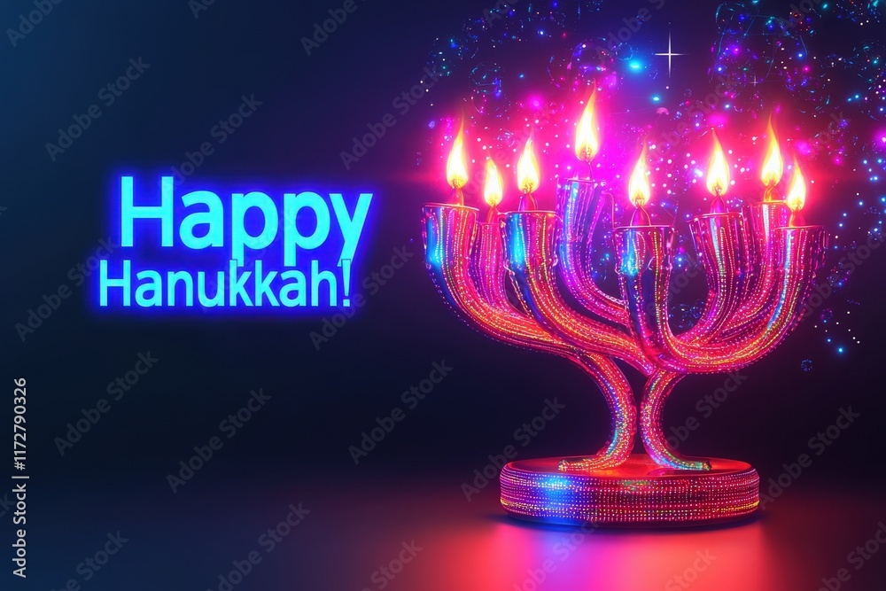 A vibrant menorah lights up with colorful candles, symbolizing the Jewish holiday of Hanukkah. The atmosphere is filled with joy and celebration, highlighted by sparkling effects around it.