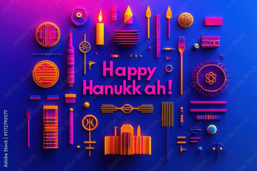 Brightly colored decorations and symbols representing Hanukkah are arranged artistically against a vibrant backdrop. The setup includes candles, dreidels, and various festive items.
