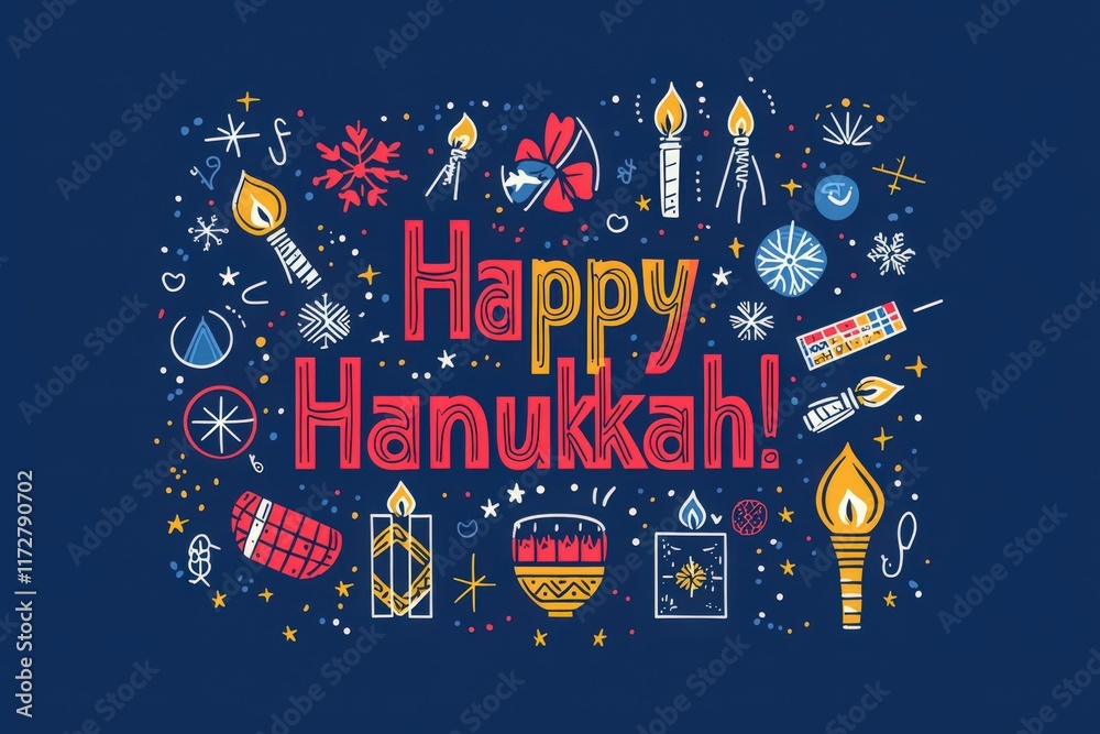 A vibrant display of artistic decorations that celebrates Hanukkah. The design features candles, dreidels, and stars, capturing the festive spirit of the holiday in rich colors.