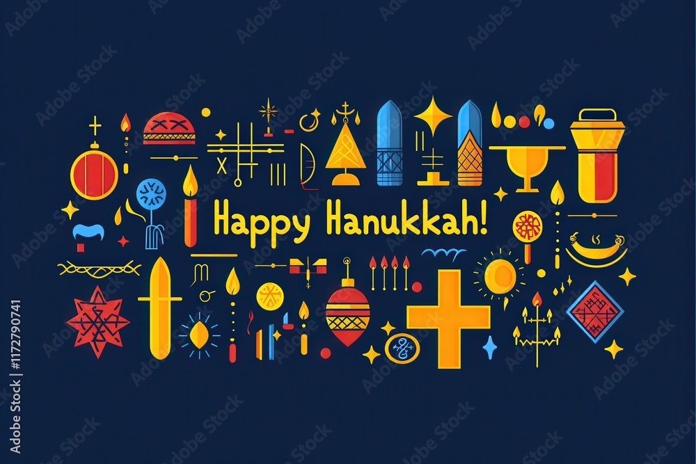Vibrant artwork showcases various symbols of Hanukkah, including menorahs, dreidels, and candles.