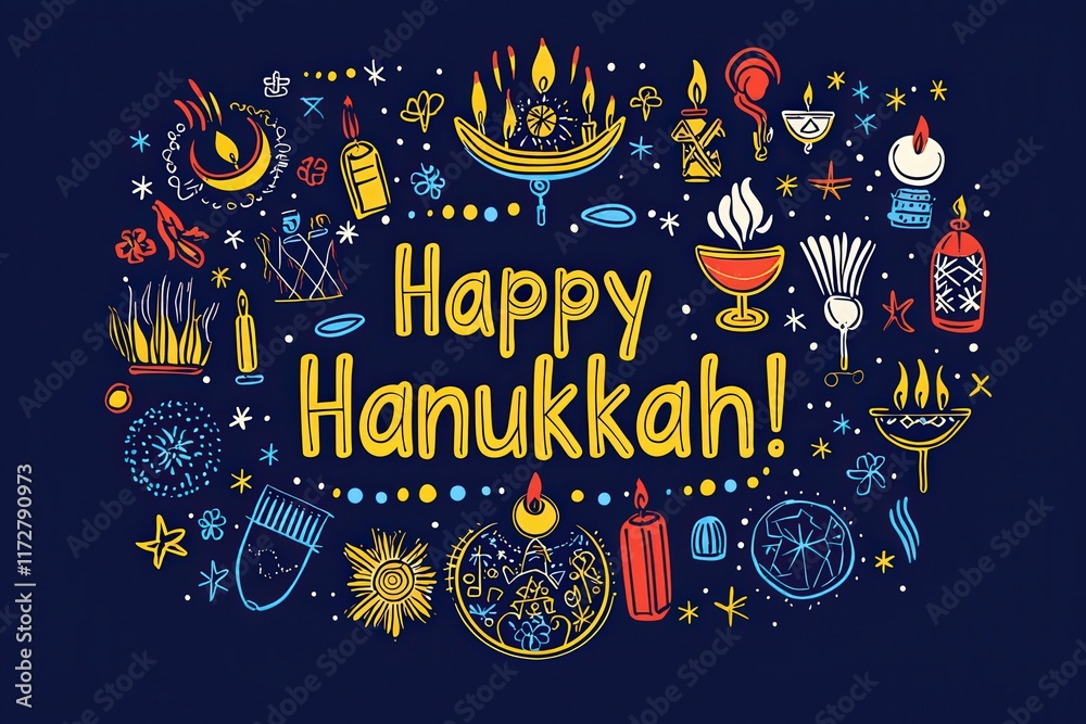 Colorful symbols of Hanukkah including menorahs, candles, and dreidels are arranged around the cheerful message wishing everyone a happy holiday.