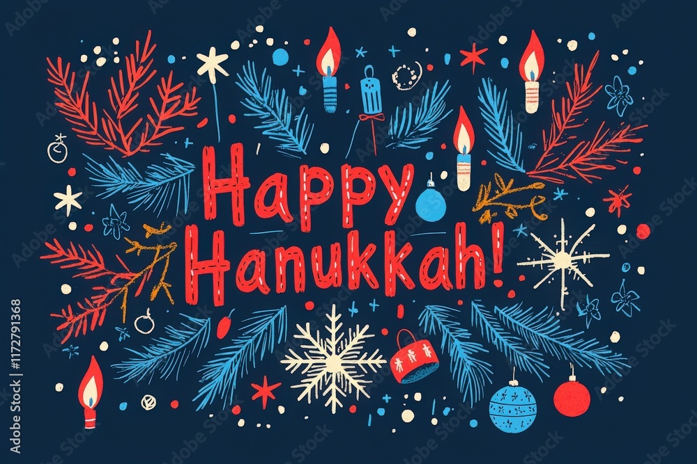 Colorful decorations featuring candles, stars, and holiday symbols celebrate Hanukkah. The design highlights the joyous spirit of the festival with festive colors and patterns.