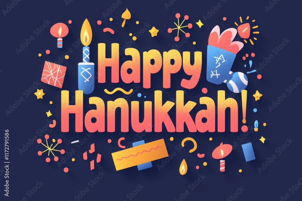 Colorful decorations represent the joy of Hanukkah, showcasing symbols like candles, dreidels, and stars surrounding the cheerful greeting Happy Hanukkah.