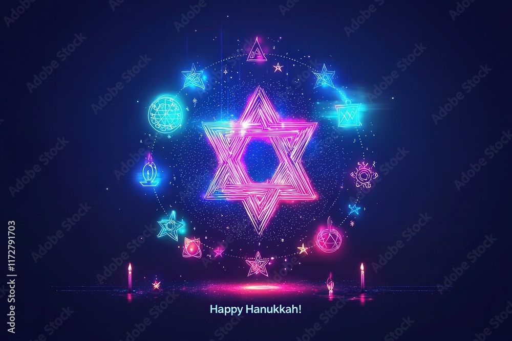 Colorful neon lights form a Star of David surrounded by symbols and candles, celebrating the festival of Hanukkah. The vibrant scene conveys a festive and joyful atmosphere.