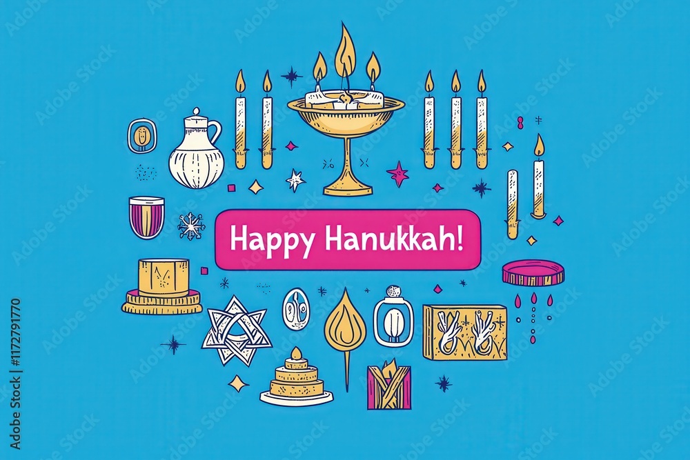 Colorful elements representing Hanukkah are arranged on a bright blue background, featuring candles, a menorah, and festive motifs. The decorations convey joy and holiday spirit.
