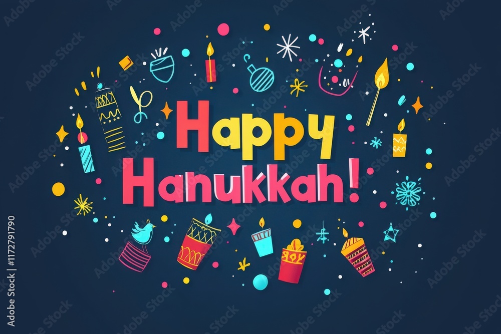 Festive colors highlight the joyous theme of Hanukkah, featuring candles, dreidels, and various items associated with the celebration. The design captures the spirit of the holiday.