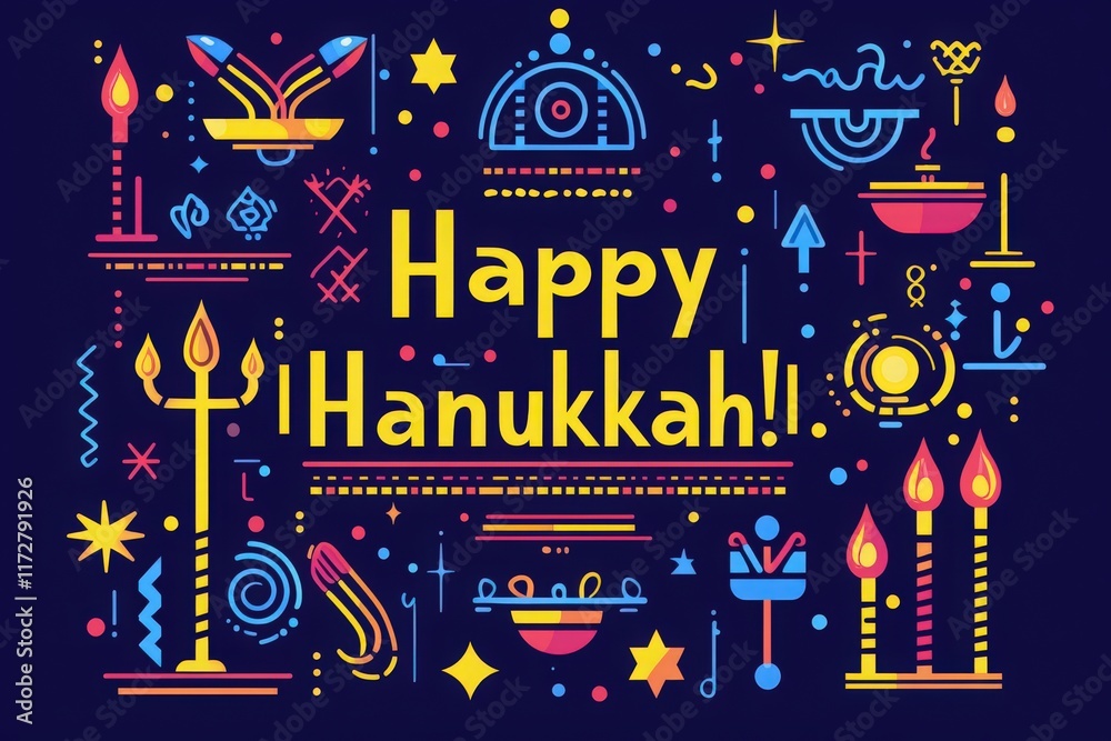 Vibrant decorations capture the spirit of Hanukkah with colorful symbols and a cheerful greeting. Candles and traditional elements create a joyful atmosphere for the festival of lights.