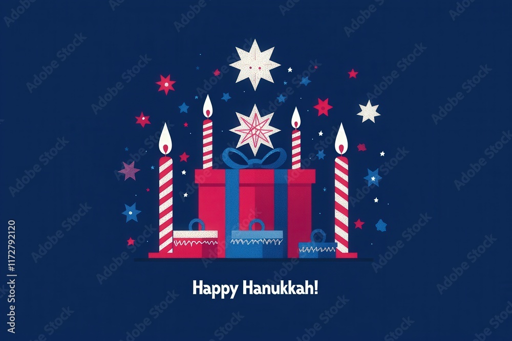Brightly colored candles and decorative stars surround a wrapped gift, heralding the joyous festival of Hanukkah. This festive display celebrates the traditions of this joyful holiday.