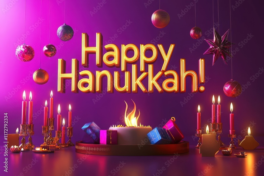 A colorful Hanukkah display showcases lit candles, decorative ornaments, and wrapped gifts against a vibrant backdrop. The arrangement creates a joyful atmosphere for the holiday.