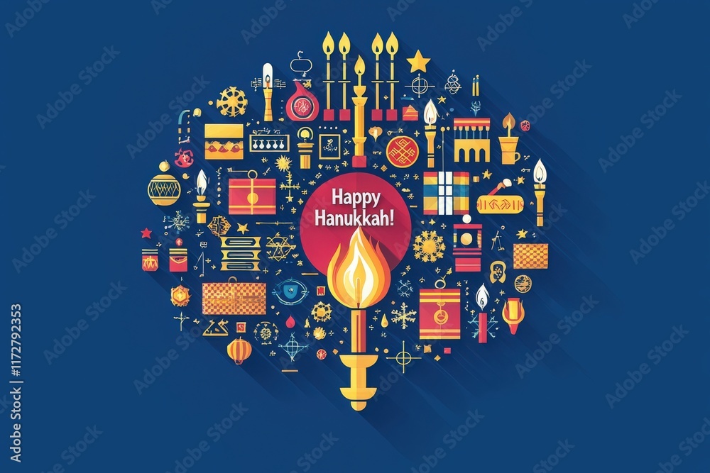 Festive symbols and decorations celebrate Hanukkah, featuring a central candle with a warm flame, surrounded by various traditional items. Colorful designs reflect the joy of the holiday.