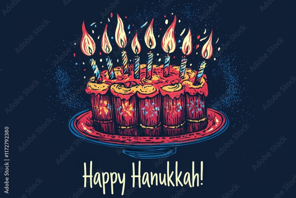 A vibrant display of a menorah with lit candles rests on a decorative platter. The warm glow of the flames emphasizes the joyful atmosphere, celebrating the festival of lights during Hanukkah.