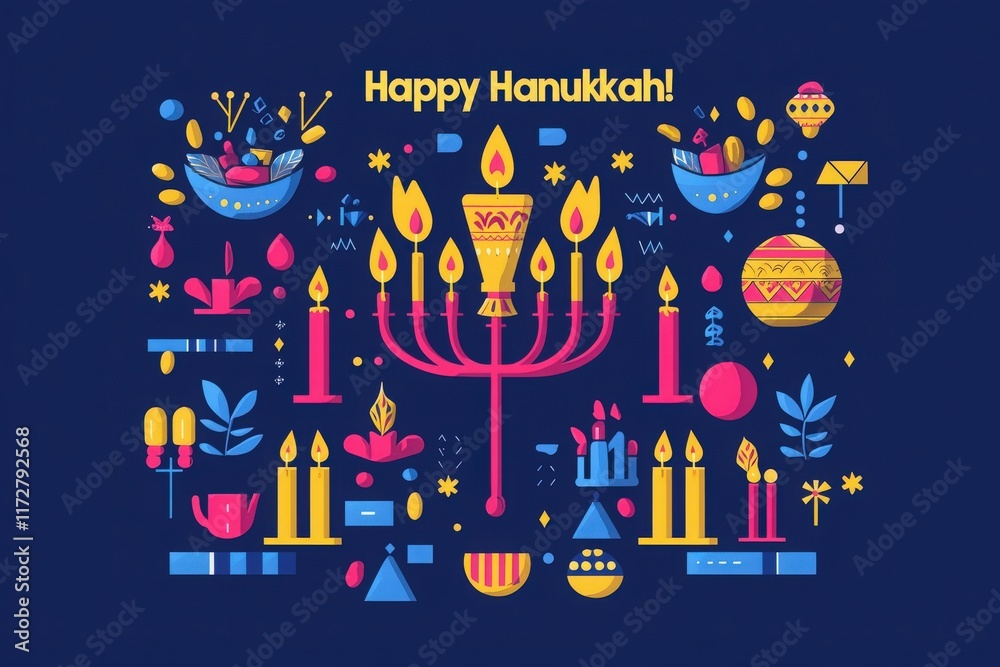 A festive display featuring a colorful menorah surrounded by traditional Hanukkah symbols, including candles, dreidels, and decorations. The vibrant design conveys a joyful celebration of the holiday.