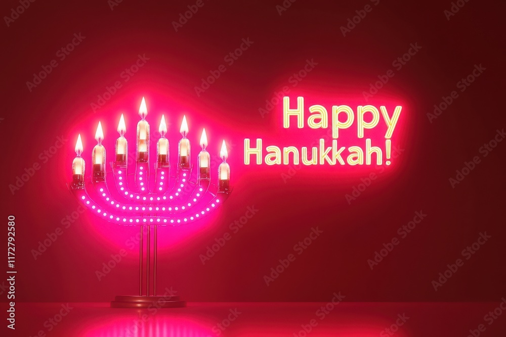 A vibrant menorah adorned with glowing lights casts a warm ambiance. The message Happy Hanukkah radiates joy, symbolizing the celebration of this important festival.