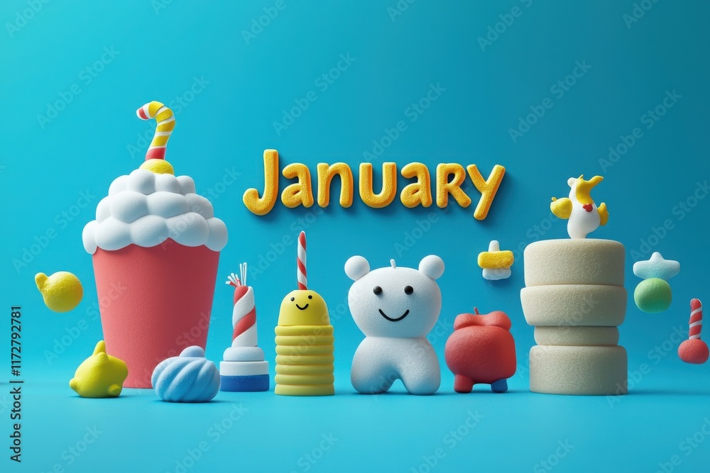 A vibrant arrangement showcases various playful toys and decorations, including a cupcake and cute characters, celebrating the month of January against a bright blue backdrop.