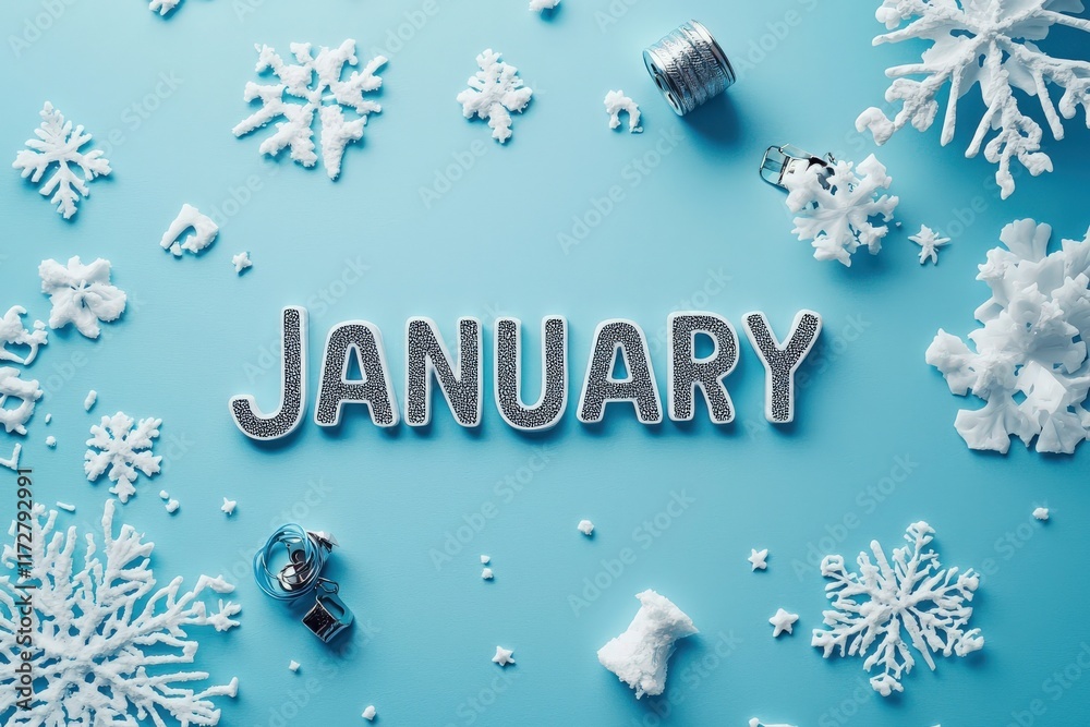 The word January is displayed prominently in shiny, glittery letters on a light blue surface.