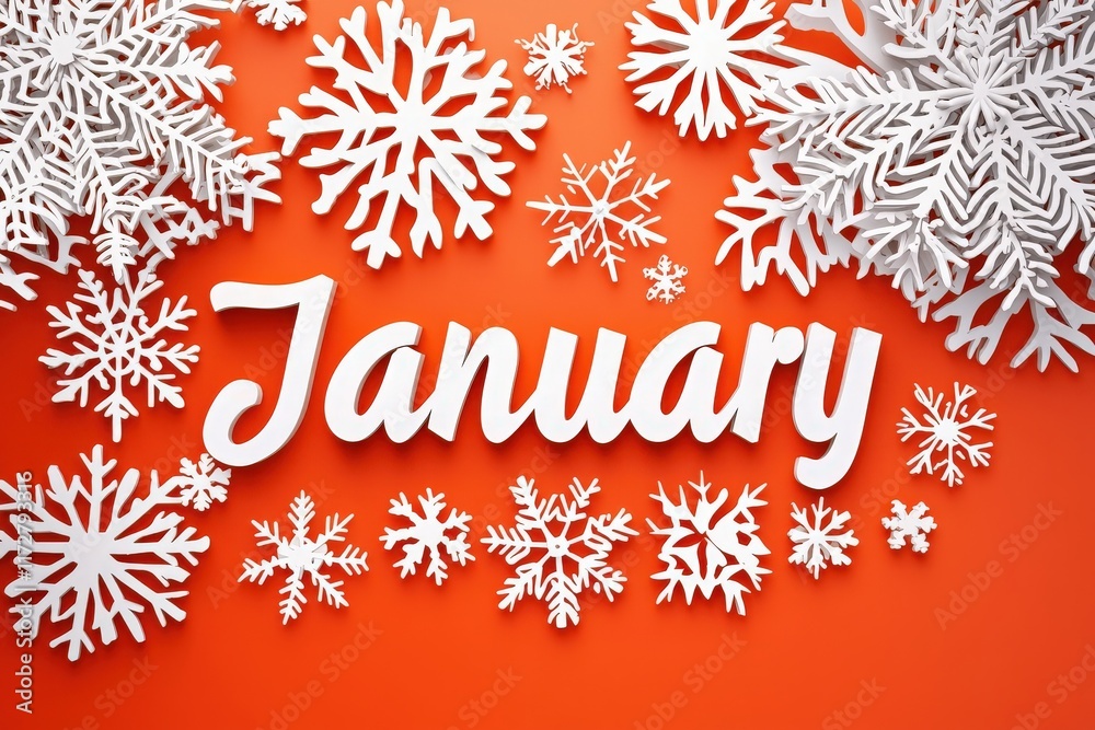The word January is prominently displayed in bold white letters surrounded by intricate white snowflakes against a bright orange backdrop, symbolizing winter and the new year.