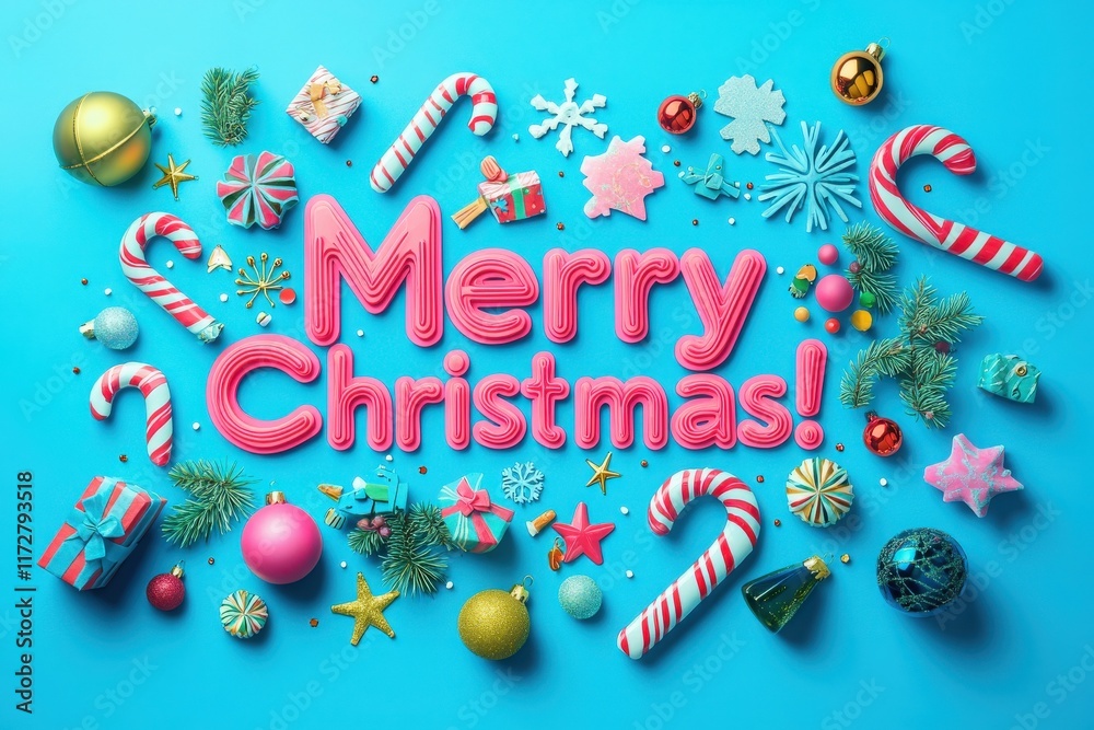 Brightly colored decorations are arranged on a vibrant blue background, featuring candy canes, festive ornaments, and gifts, all conveying a joyful Christmas spirit.