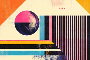 Aufkleber - Colorful retro risograph artwork with geometric shapes and bold patterns in a modern artistic style. Generative AI
