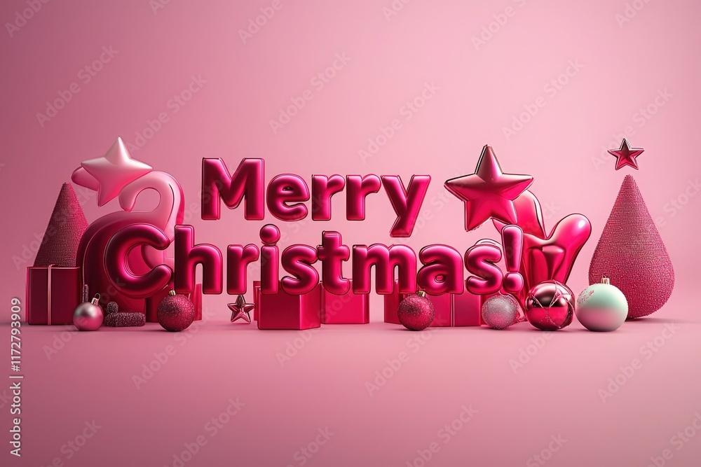 A cheerful Christmas setup features vibrant pink decorations including stars, trees, ornaments, and wrapped gifts, creating a joyful holiday atmosphere.