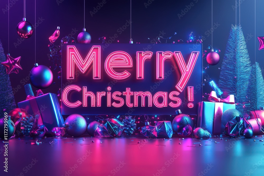 A bright neon sign reads Merry Christmas, surrounded by colorful ornaments, shiny gifts, and a decorated tree. The scene is illuminated with a playful blue and pink glow, creating a joyful atmosphere.