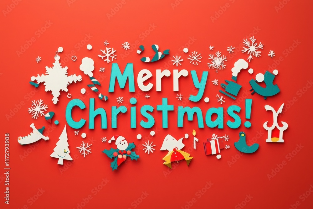 Bright red background features playful cut-out decorations celebrating Christmas. Elements include snowflakes, trees, presents, and cheerful lettering, creating a joyful holiday atmosphere.