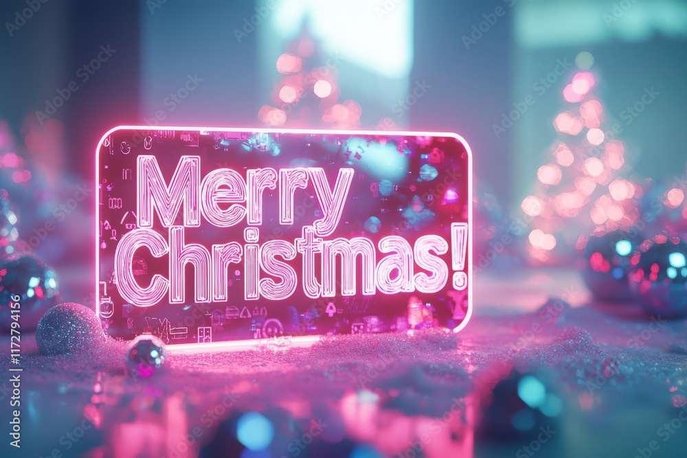 A vibrant pink neon sign reads Merry Christmas surrounded by shimmering ornaments and soft lighting creating a holiday atmosphere in a cozy indoor space.