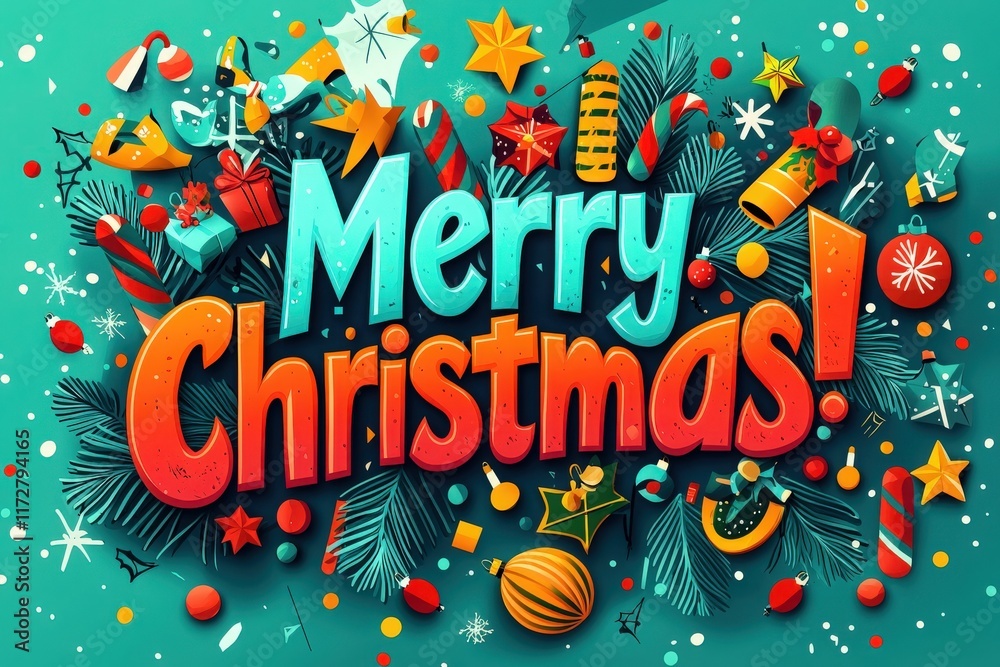 Bright and cheerful design features the text Merry Christmas surrounded by festive decorations like stars, gifts, and ornaments, evoking a joyful holiday spirit.